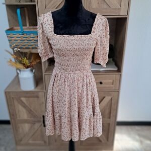 Altar'd State Mini Dress Milkmade Floral Tan Cream Color Smocked Boho Fit Flare